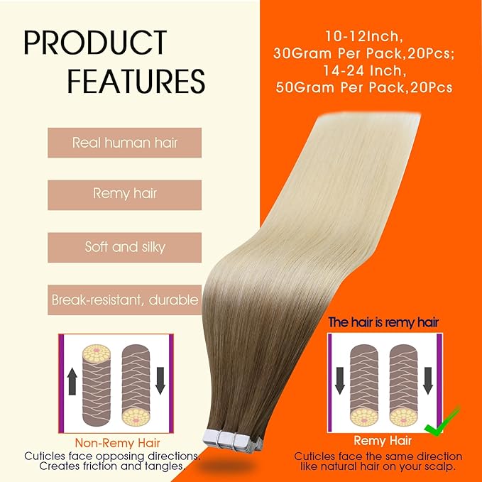 Full Shine Balayage Tape in Hair Extensions Human Hair Color 3 Darker Brown Ombre 8 Ash Brown And 613 Blonde 12Inch Seamless Invisible Tape in Extensions Remy Straight for Women 20Pcs 30G