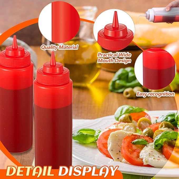 24 Pcs 32 oz Squeeze Bottle Large Plastic Wide Mouth Squeeze Bottles for Condiment Sauces Chocolate Ketchup Mustard BBQ Grill Restaurant (Red)