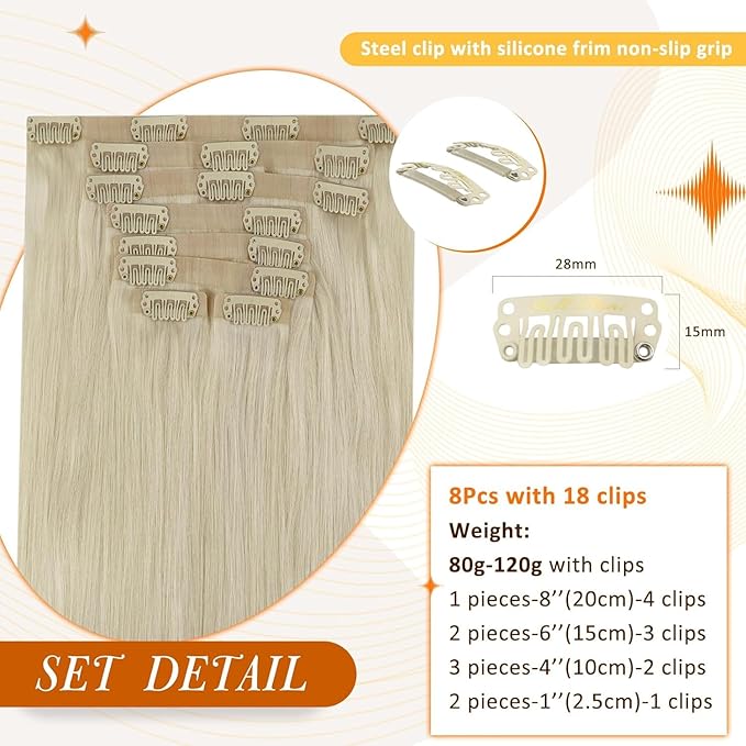 Full Shine Seamless Clip in Hair Extensions Human Hair Blonde 24 Inch Clip in Human Hair Extensions Remy Hair Platinum Blonde Hair with PU Weft 8 PCS 120 G