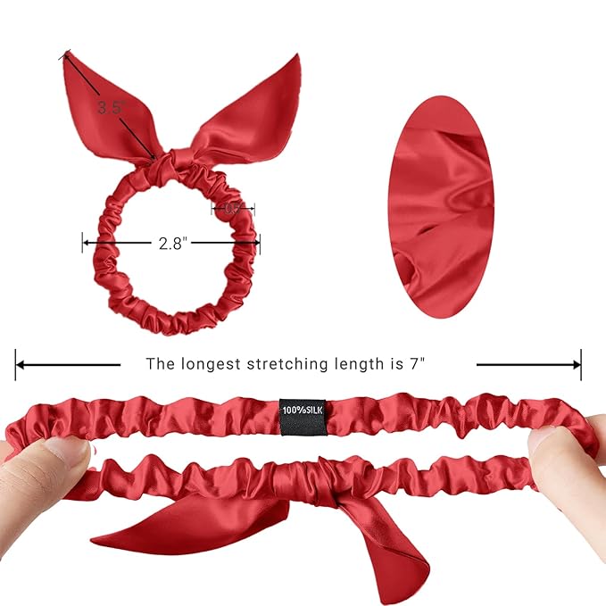 THXSILK Hair Silk Scrunchies with Bow for Women Pure Mulberry Silk Hair Cute Ring Ties Scrunchies for Girls Women's Thick Hair, Red, 2.8"