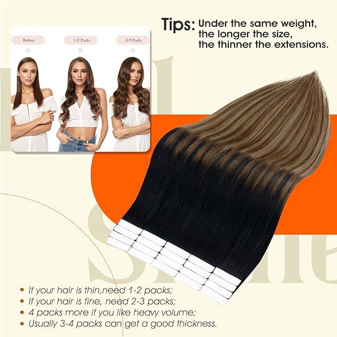 Full Shine Balayage Tape in Hair Extensions Black To Chestnut Brown And Honey Blonde Tape in Extensions for Women 16 Inch Skin Weft Hair Extensions Invisible Tape ins Human Hair 1b/6/27 50G 20Pcs