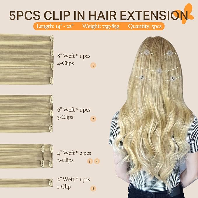 DOORES Clip in Hair Extensions Human Hair, 5pcs 75g Balayage Light Blonde Highlighted Golden Blonde 14 Inch Human Hair Extensions Clip in Remy Hair Extensions Straight Natural Hair