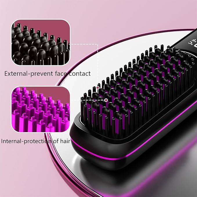 Go Brush Pro Hair Straightener – Cordless Comb with Negative Ion, 7400mAh Fast Heating & Portable Travel Design, Rechargeable Brush for Straightening and Curling (White-1Pcs)