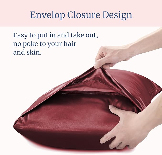 BEDELITE Satin Pillowcase for Hair and Skin, Super Soft and Cooling Similar to Silk Pillow Cases 2 Pack with Envelope Closure, Gift for Women Men(20"x26" Standard Size, Burgundy)