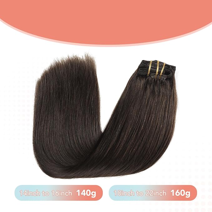 XDhair Clip in Hair Extensions Human Hair 7pcs 140g 16 Inch Dark Brown Real Hair Extensions Clip in Human Hair Straight #2/16 Inch