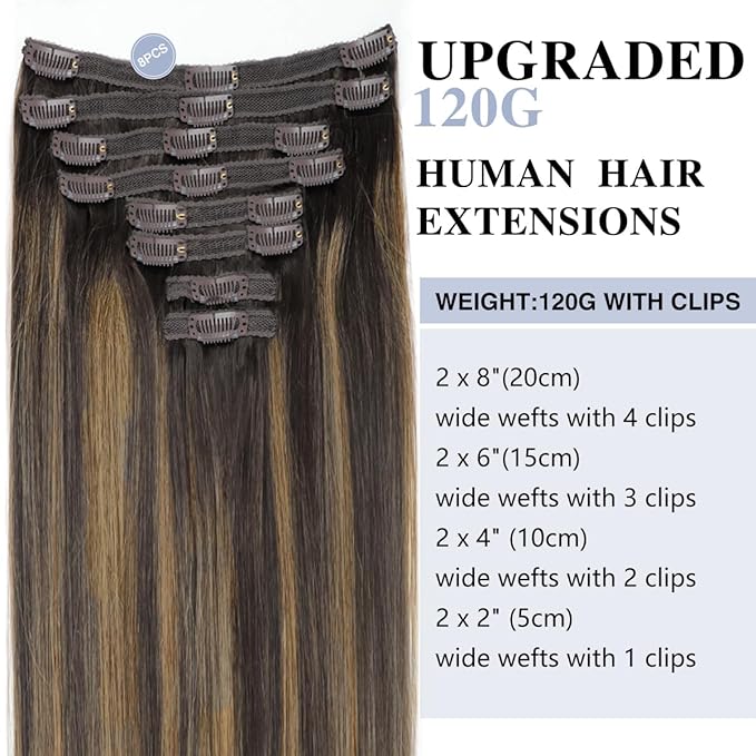 Straight Clip In Hair Extensions Real Human Hair 8Pcs Clip In Balayage Dark Brown to Chestnut Brown Human Hair Extensions with 18Clips Lace Weft 120g 24inch
