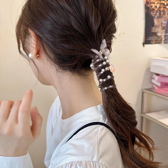 4PCS Rose Bead Spiral Hair Ties, 4 Colors Butterfly Floral Phone Cord Ponytail Holders for Women, Elegant Rubber Hair Coils, Stylish Hair Accessories for Party, Daily Use