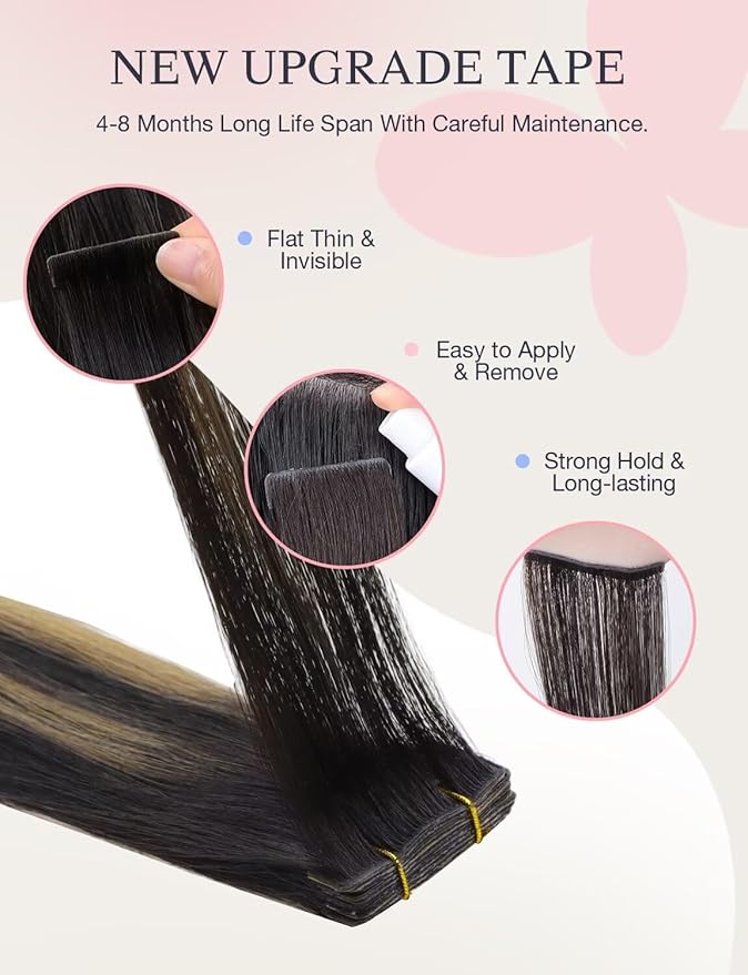DOORES Invisi Edge Hair Extensions Tape in, Natural Black to Light Blonde 20 Injection Tape-ins with 20 Classic Tape-ins 100g 18 Inch, Injection Tape in Extensions Virgin Hair