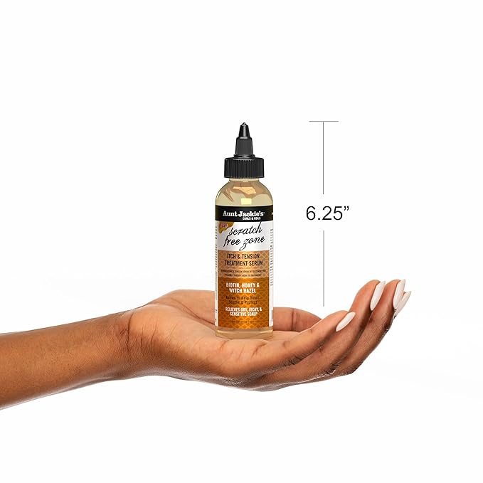 Aunt Jackie's Braid + Twist Collection Scratch Free Zone Itch & Tension Treatment Serum – Relieve Dry, Itchy Scalp with Witch Hazel, Biotin, and Honey – 4 fl oz