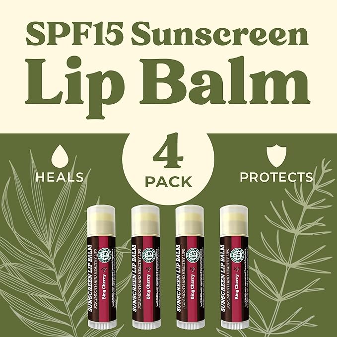 SPF Lip Balm 4-Pack by Earth's Daughter - Lip Sunscreen, SPF 15, Organic Ingredients, Cherry Flavor, Beeswax, Coconut Oil, Vitamin E - Hypoallergenic, Paraben Free, Gluten Free