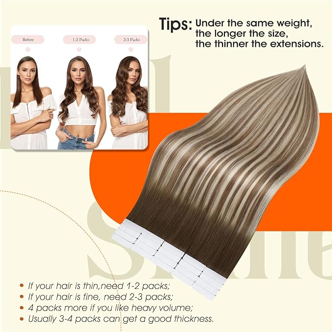 Full Shine 20Inch Tape in Real Human Hair Balayage Color 3 Ombre 8 Highlighted 22 Medium Blonde Human Hair Extensions Tape ins Seamless Invisible 50G Skin Weft Tape in Hair Extensions 20Pcs Straight