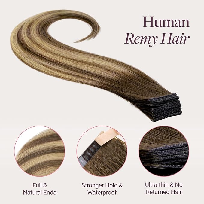 GOO GOO Genius Tape in Hair Extensions, Hand Tied Tape Weft, 4/27/4 Balayage Chocolate Brown to Caramel Blonde, 18inch 50g 20pcs, Remy Human Hair, Seamless Invisible Tape, Natural Blend, Lightweight