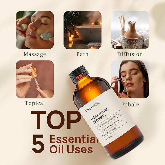 VINEVIDA Geranium Essential Oil 4 oz - Undiluted, DIY Candle Scents & Bulk for Soap Making