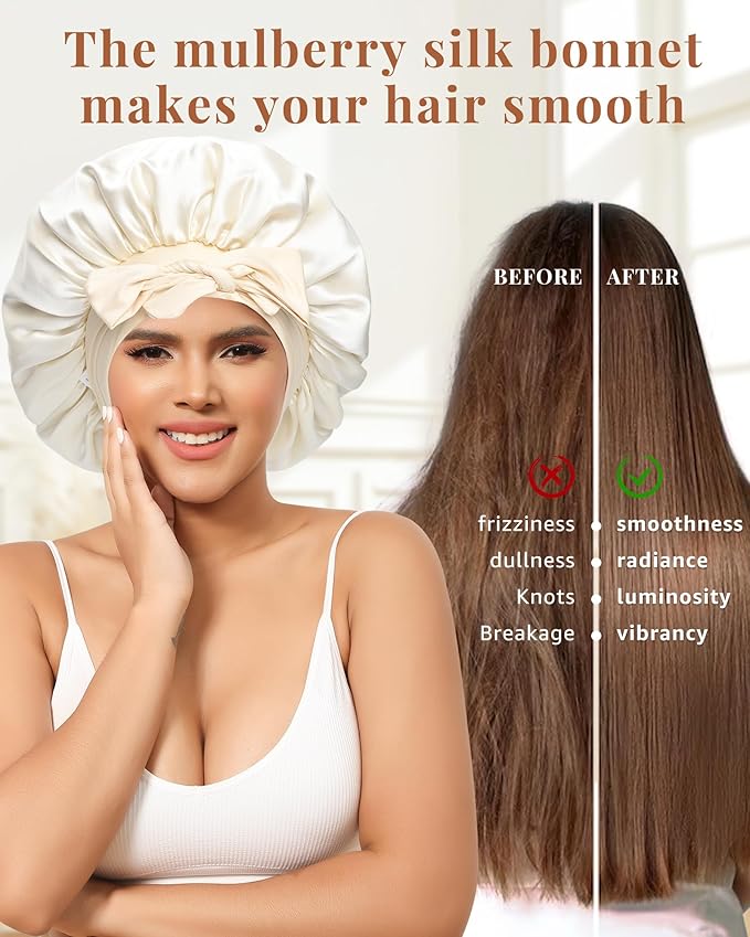 AWAYTR Silk Bonnet for Sleeping Women 100% Mulberry Silk Bonnet with Band 2 Layer Reversible Hair Bonnet Sleeping Hair Wrap (Champagne/Beige)