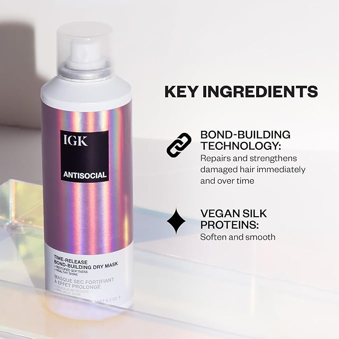IGK ANTISOCIAL Bond-Building Dry Hair Mask Travel | Repair + Soften + Shine | Vegan + Cruelty Free | 1.7 Oz