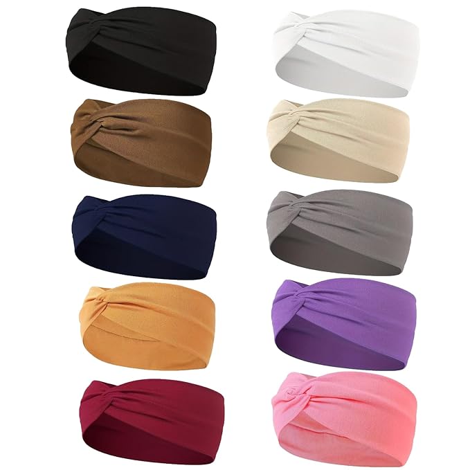 10PCS Headbands for Women Hair Cotton Headband Non-slip Stretchy Elastic Head Wrap Holder Hair (Wine Bed & Wood Yellow & Navy Blue & Dark Pink & Dark Purple & Curry & Dark Grey & Dark Curry & Black)
