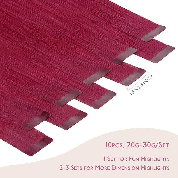 WENNALIFE Tape in Hair Extensions Human Hair Burgundy Red Tape in Extensions, 10pcs 30g 26 inch Remy Invisible Tape Ins Straight Colored Soft Real Human Hair Tape in Extensions Refill Set Extensions