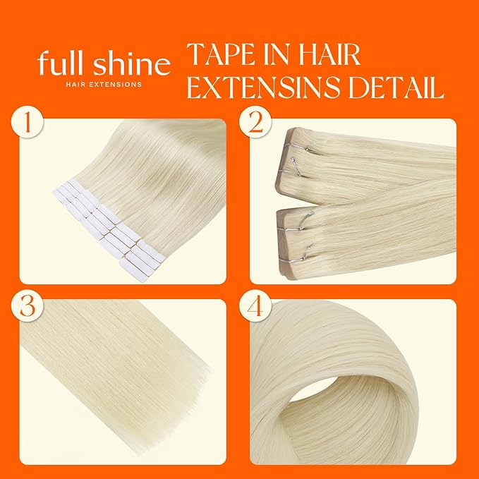 Full Shine Injected Tape in Human Hair Extensions Color 60 Blonde Injection Remy Hair Tape in Extensions Skin Weft 24 Inch Seamless Double Sided for Wedding 50 Grams 20 Pcs Natural