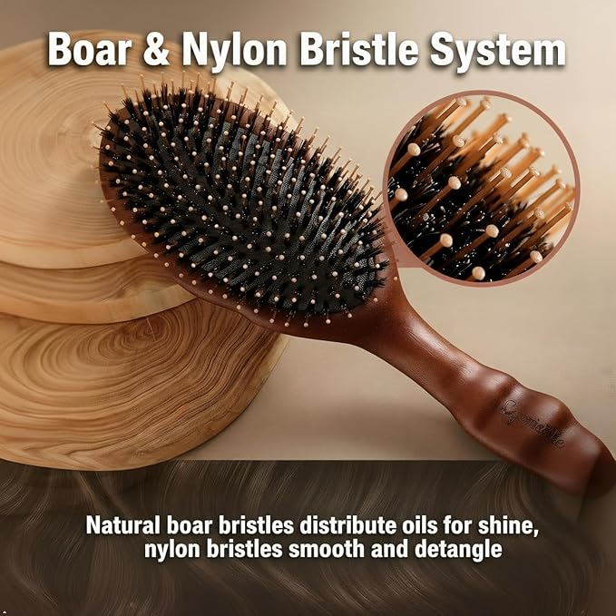 Boar Bristle Hair Brush-Gentle on Scalp with No Pulling,for Smooth,Shiny Hair and Reduced Static.Detangling Hairbrush for Fine,Thin,and Curly Hair with Scalp Massage.