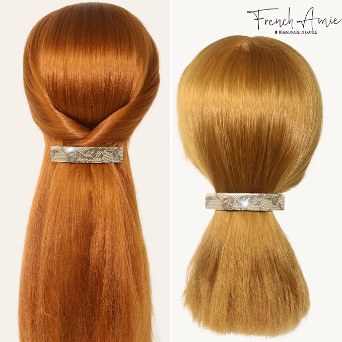 French Amie Oblong Handmade 3.5" Celluloid Automatic Hair Clip Barrette French Hair Clip for Girls Strong Hold Hair Clips for Women No Slip Durable Paris Hair Accessories, Made in France (Beige Net)