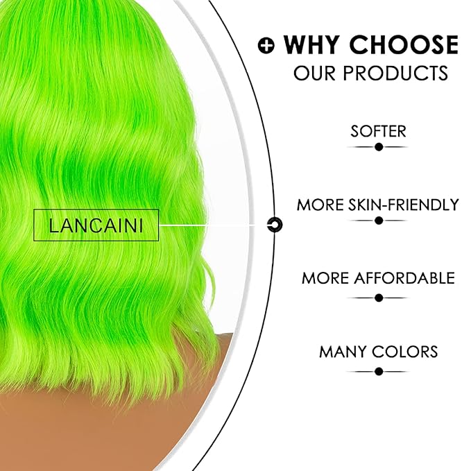 Short Bob Wigs with Bangs for Women Loose Wavy Wig Curly Wavy Shoulder Length Bob Synthetic Cosplay Wig for Girl Colorful Costume Wigs (Neon Green)
