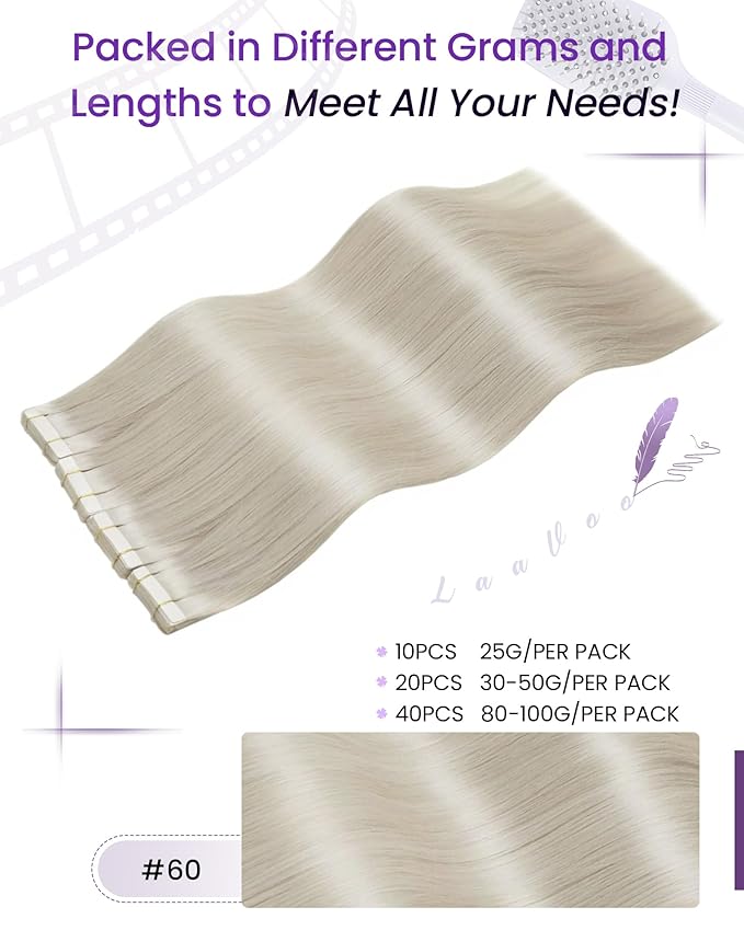 LaaVoo Hair Extensions Tape in Platinum Blonde Tapes in Extensions 22 Inch Invisible Tape ins Human Hair Extensions Real Seamless Hair 20pcs 50g