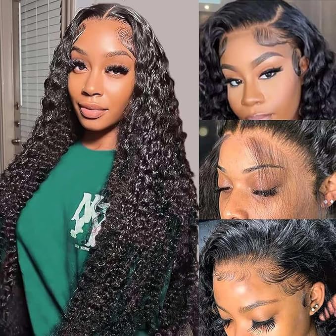 28 Inch Deep Wave Lace Front Wigs Human Hair Pre Plucked 200% Density 13x6 HD Lace Frontal Wigs with Baby Hair Deep Curly Wet and Wavy Glueless Wigs for Women (Natural Black, 28 Inch)