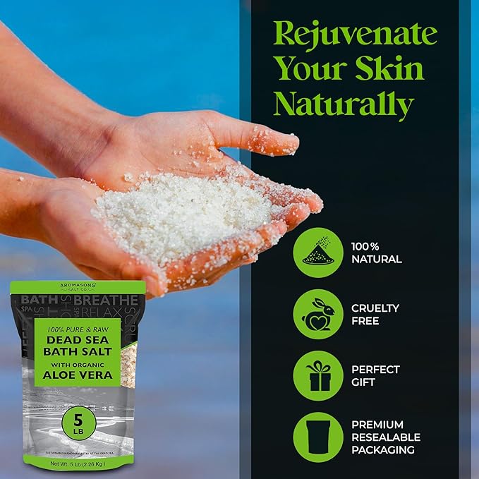 Aromasong 5 lbs Raw Dead Sea Salt with Organic Aloe Vera, not Cleaned, Still Contains All Dead sea Minerals Including Dead sea Mud, Fine Medium Grain Large resealable Bulk Pack (Packaging May Vary)