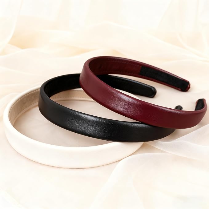 2-Piece Red & Black Leather Headbands - Non-Slip Wide Padded Hair Accessories for Women, Cute Fashion DIY Hair Hoops