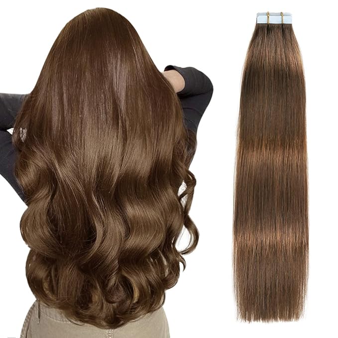 SUYYA Tape in Hair Extensions Human Hair Chocolate Brown Remy Human Hair 18 inches 50g 20pcs Straight Seamless Skin Weft Tape in Human Hair Extensions(18 inches #4 Dark Brown)