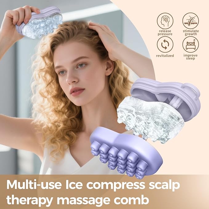Ice Compress Scalp Massager Hair Growth Massage Comb - Upgraded Raised Dot Ice Tray Design for Tension Headache Relief and Scalp Care (Purple)