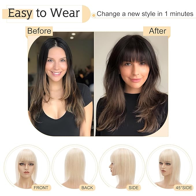 SEGO Hair Toppers for Women Real Human Hair With Bangs, 7 * 13CM Silk Base 100% Remy Clip in Top Wiglet Hairpieces -8 Inch 18P613 Ash Blonde&Bleach Blonde