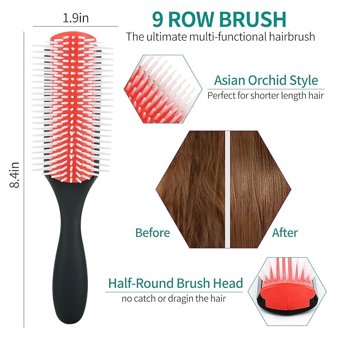 hair Brush Set for Afro America/African Hair, Textured 3a to 4c -Detangler Brush,9 row hair brush,Wide Tooth Comb,Rat Tail Comb (Green)