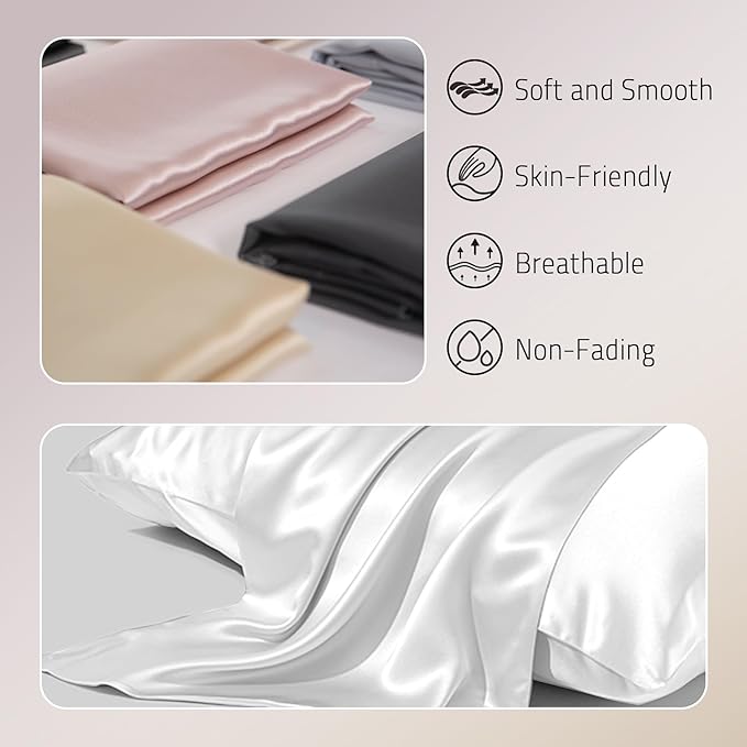 Mulberry Silk Pillow Cases Set of 2, Both Sides Real Silk Pillow Cover for Hair and Skin Prevent Acne Pillowcase Organic Silk Pillowcase 2 Pack with Hidden Zipper, White, Queen (20"×30")