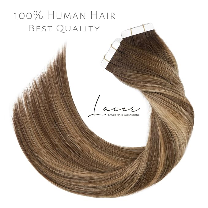 Lacer 16 Inch Tape in Hair Extensions Chocolate Brown to Dark Caramel Blonde Seamless Skin Wefts Rooted Tape in Hair Extensions 50 Grams 20Pcs