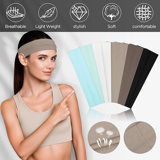 10 PCS Headbands for Women - Fashion Non Slip Cotton Headbands for Women and Men Perfect for Sports and Outdoor Activities in Summer,Including Running, Yoga, Cycling, Gym Workouts