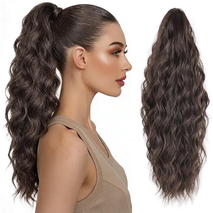 Claw Clip Ponytail Extension 18 Inch Curly Wavy Ponytail Extension Jaw Clip on Pony Tails Hairpiece for Women Fluffy Natural Synthetic for Daily Use (Dark Chocolate Brown)