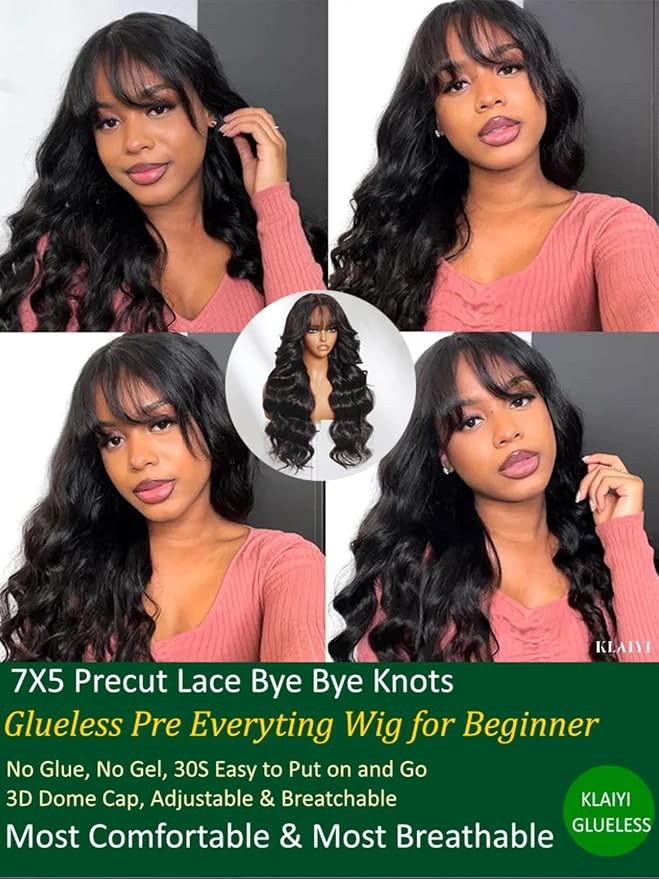 KLAIYI Fluffy Body Wave Curtain Bang Wig Bye Bye Knots Glueless Pre Cut 7x5 Lace Front Wigs Human Hair Loose Wave Pre Bleached Pre Plucked Pre Everything 3S Easy to Wear and Go Wig 180% Density 20Inch