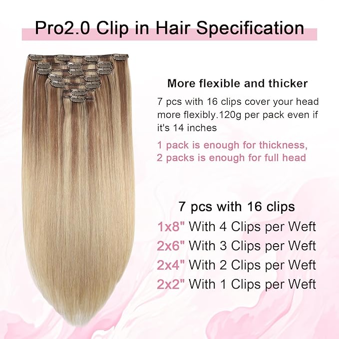 Pro2.0 Clip in Hair Extensions Real Human Hair 22inch 7pcs #10/16/16 Ash Brown to Caramel Blonde Real Hair Extensions Clip in Human Hair 120g Double Weft（#10/16/16-22inch）