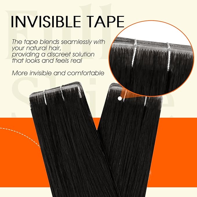 Full Shine Seamless Tape in Hair Extensions Human Hair Color 1B Black Injection Tape in Extensions Cover Thinning Areas Seamless Remy Skin Weft 16Inch 40G 20Pcs Bridal Hairstyles Lightweight