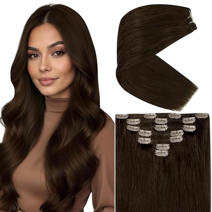 Ve Sunny Brown Clip in Hair Extensions Human Hair Clip in Extensions Dark Brown Hair Extensions Clip ins Long Hair Extensions Real Human Hair Clip in Natural Look 20inch 7pcs 120g