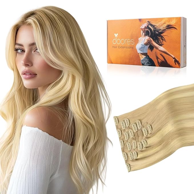 DOORES Clip-in Hair Extensions, Real Human Hair, Dirty Blonde & Platinum Blonde Mix, 120g, 7pcs, 20 Inch, Remy Natural, Straight & Thick