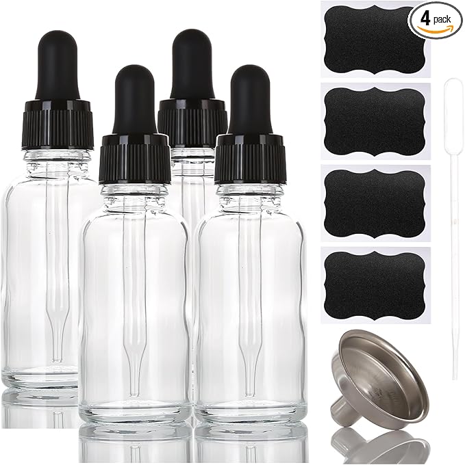 1 oz Glass Dropper Bottles,4 Pack 30ml Empty Reusable Leak Proof Thick Tincture Bottles for Essential Oils,Hair Oil,Liquids,Laboratory,Pharmacist Bottle,Massage,Perfumery Aromatherapy