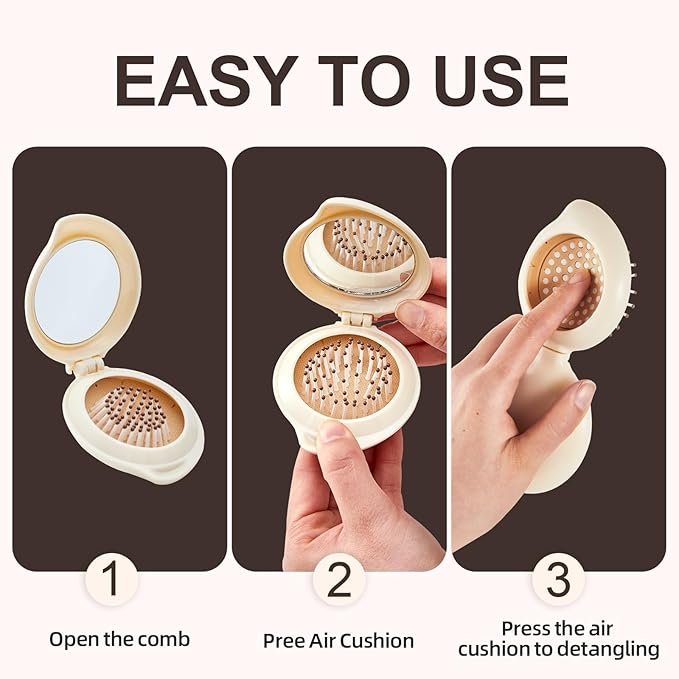 Folding Hair Brush with Mirror for Women Men and Kids，Portable Compact Hair Brush for Purse Pocket Bags, Travel Size Foldable brush with Case, Easy to Carry(Beige)