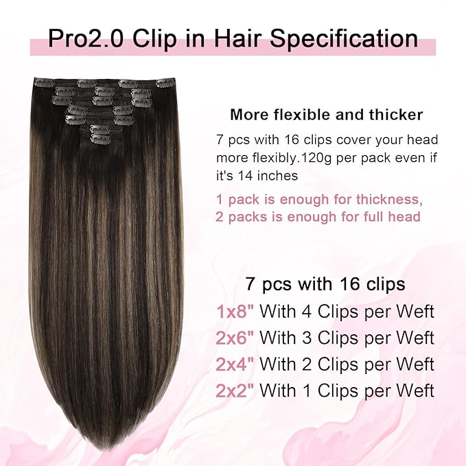 Pro2.0 Clip in Hair Extensions Real Human Hair 22inch 7pcs #2/6/2 Balayage Dark Brown to Chestnut Brown Real Hair Extensions Clip in Human Hair 120g（#2/6/2-22inch）
