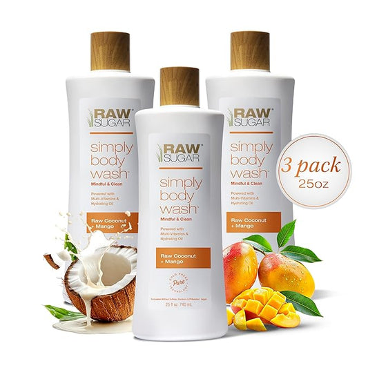 RAW SUGAR Simply Body Wash - Raw Coconut + Mango, Moisturizing & Soothing Bath & Shower Gel, Sulfate-Free, Paraben-Free & Vegan (Pack of 3)