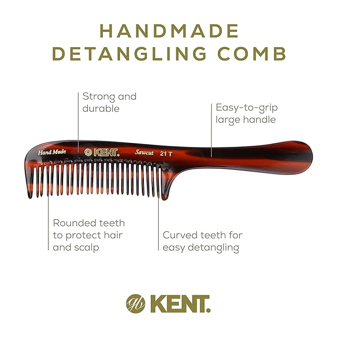 Kent 21T 8 Inch Large Detangling Comb, Wide Teeth for Thick Curly Wavy Hair. Long Hair Detangler Comb For Wet and Dry. Handmade of Quality Cellulose, Saw-Cut Hand Polished, Made in England