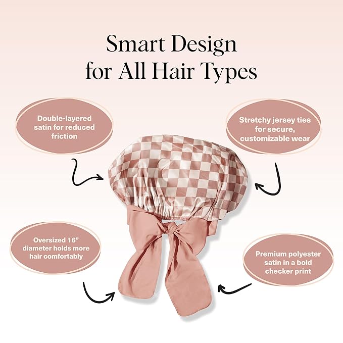 Kitsch XL Satin Bonnet for Sleeping - Softer Than Silk Hair Bonnet For Women - Secure Fit, Adjustable Night Cap For Curly & Textured Hair - Prevents Breakage, Tangles & Thinning - Terracotta Checker