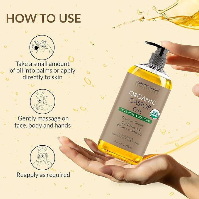Majestic Pure Organic Castor Oil 8 Fl Oz - 100% Pure and Natural - Premium Grade Carrier Oil - Hair, Eyelashes and Eyebrows - Hair Oil and Body Oil - Cold Pressed - Hexane Free