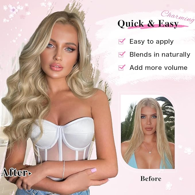 Clip in Hair Extensions for Women, 8PCS 16 Inch Wavy Honey Blonde Mix Beach Blonde Hair Extensions Clip Ins, Synthetic Hairpieces for Women